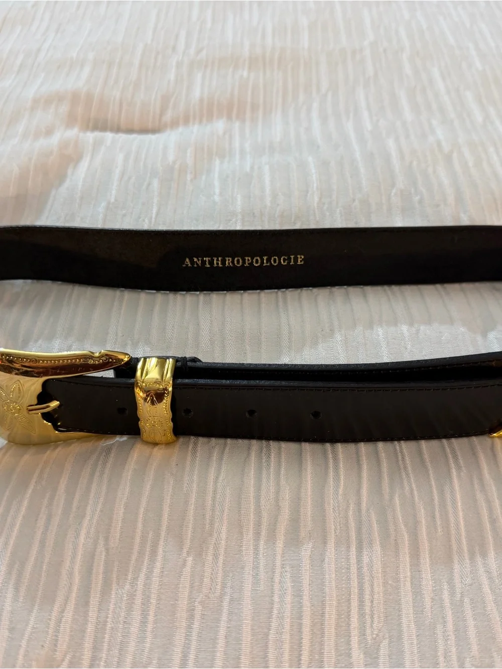 Anthropologie Black Leather Belt with Western Gold-Tone Buckle & Keeper